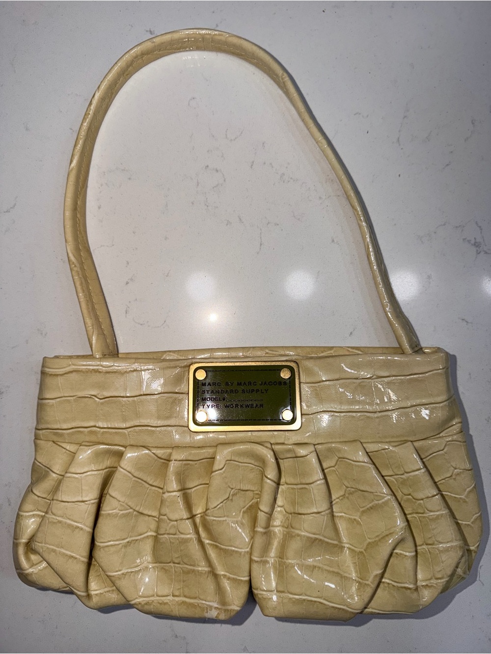 Marc By Marc Jacobs Cream Croc-Embossed Shoulder Bag with Gold Plaque